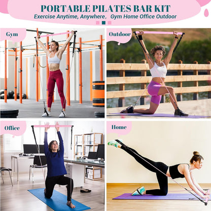 Pilates Bar Kit with Resistance Bands, Multifunctional Yoga Pilates Bar with Heavy-Duty Metal Adjustment Buckle, Portable Home Gym Pilates Resistance Bar Kit for Women Full Body Workouts