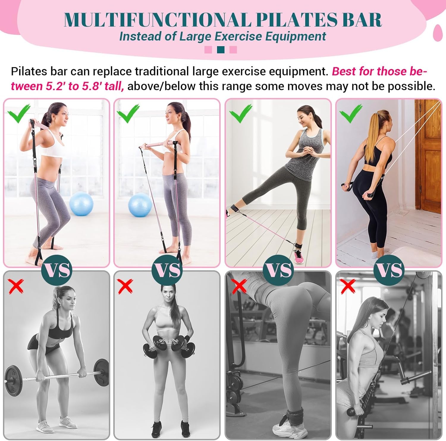 Pilates Bar Kit with Resistance Bands, Multifunctional Yoga Pilates Bar with Heavy-Duty Metal Adjustment Buckle, Portable Home Gym Pilates Resistance Bar Kit for Women Full Body Workouts