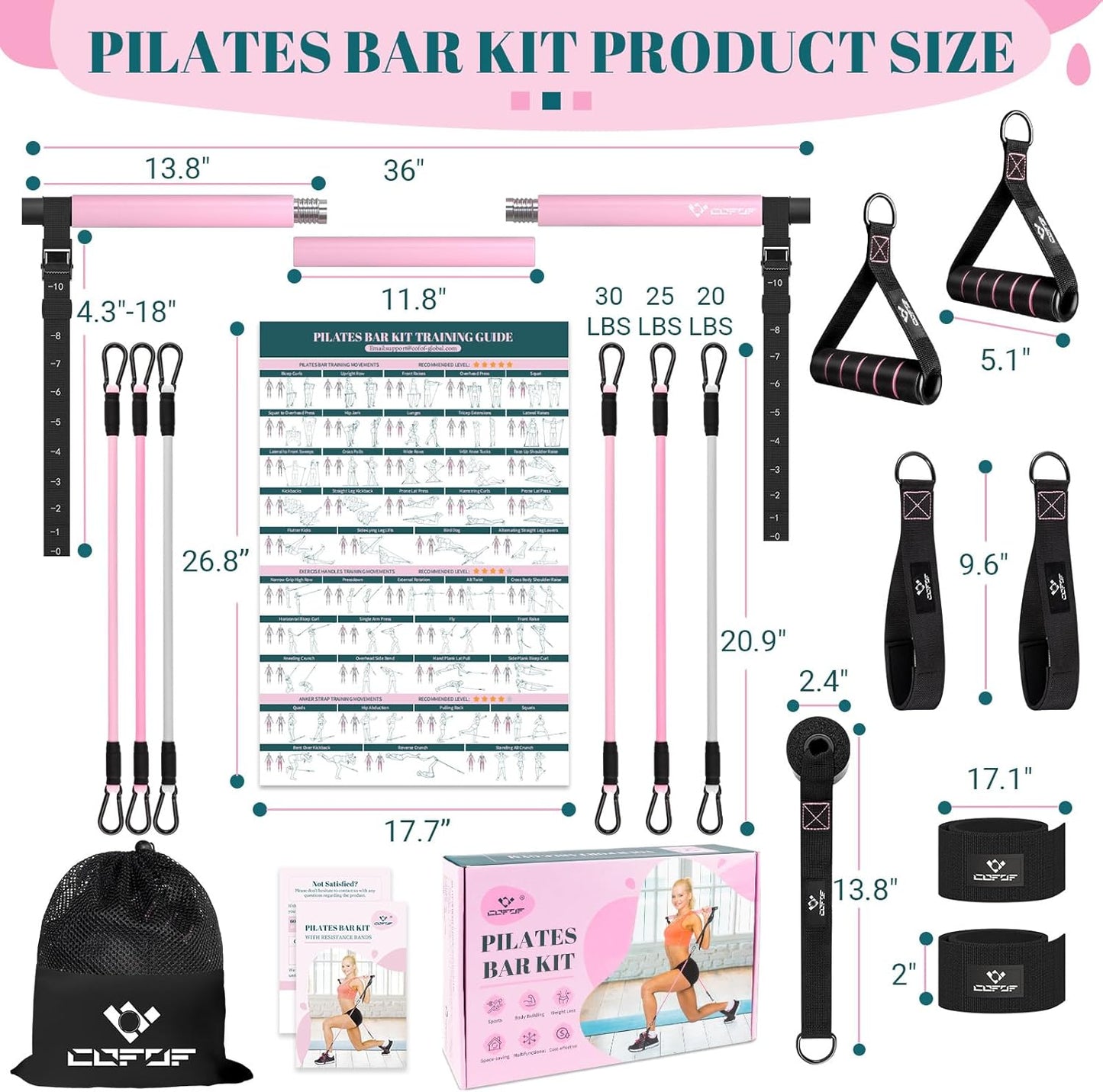 Pilates Bar Kit with Resistance Bands, Multifunctional Yoga Pilates Bar with Heavy-Duty Metal Adjustment Buckle, Portable Home Gym Pilates Resistance Bar Kit for Women Full Body Workouts