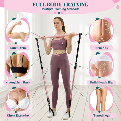 Pilates Bar Kit with Resistance Bands, Multifunctional Yoga Pilates Bar with Heavy-Duty Metal Adjustment Buckle, Portable Home Gym Pilates Resistance Bar Kit for Women Full Body Workouts