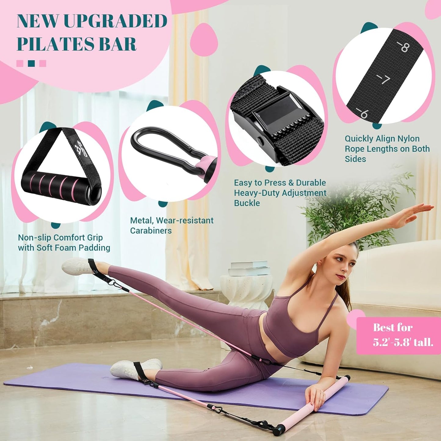 Pilates Bar Kit with Resistance Bands, Multifunctional Yoga Pilates Bar with Heavy-Duty Metal Adjustment Buckle, Portable Home Gym Pilates Resistance Bar Kit for Women Full Body Workouts